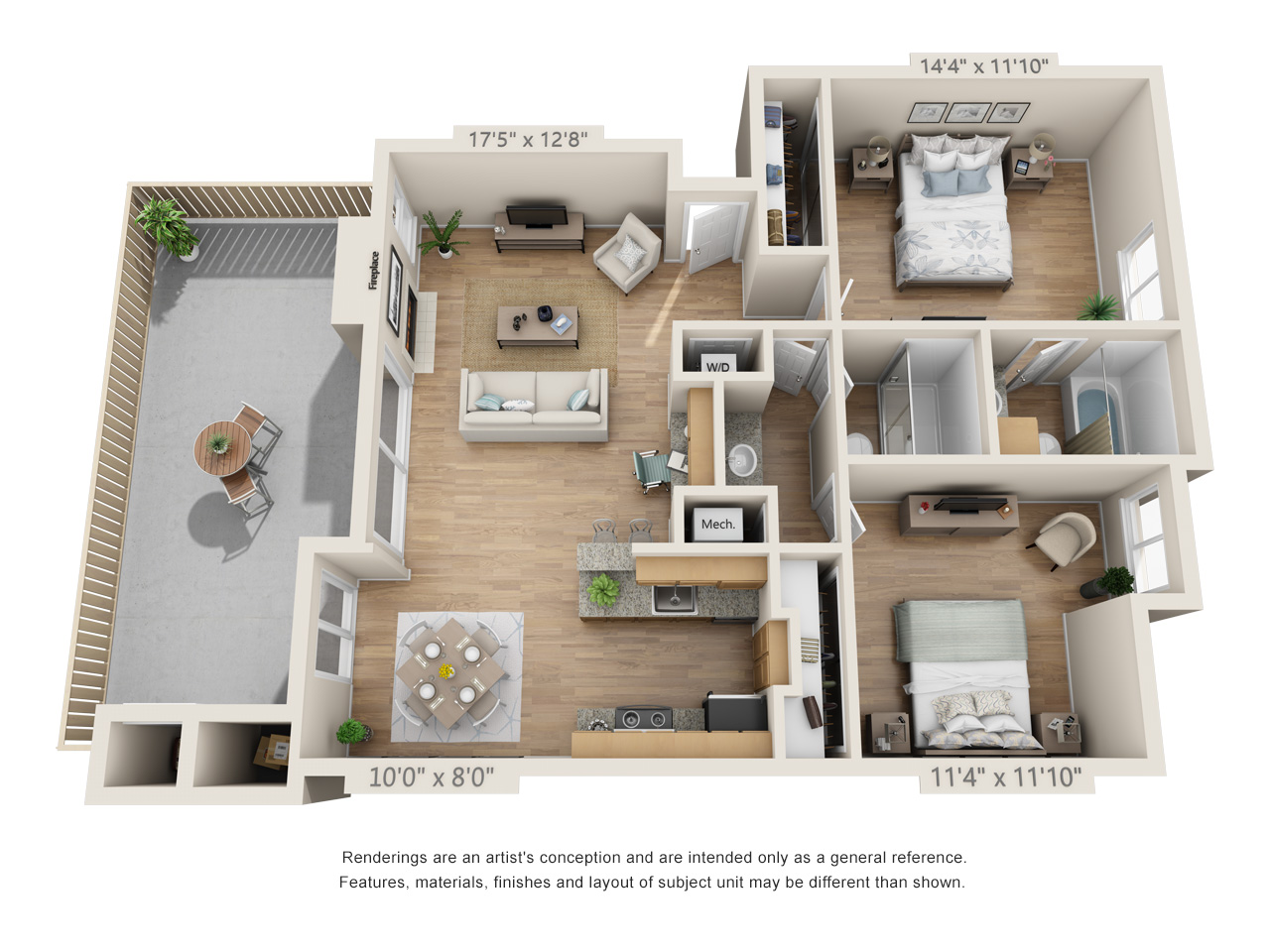 Floor plan for 2 beds, 2 baths, 990 sqft